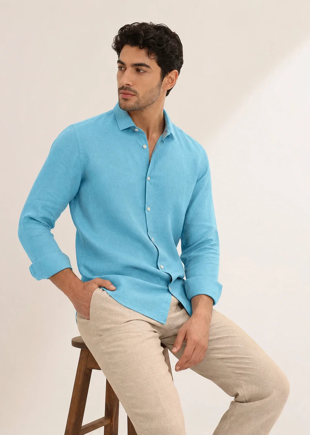Ocean Blue Shirt & Beige Pant Set