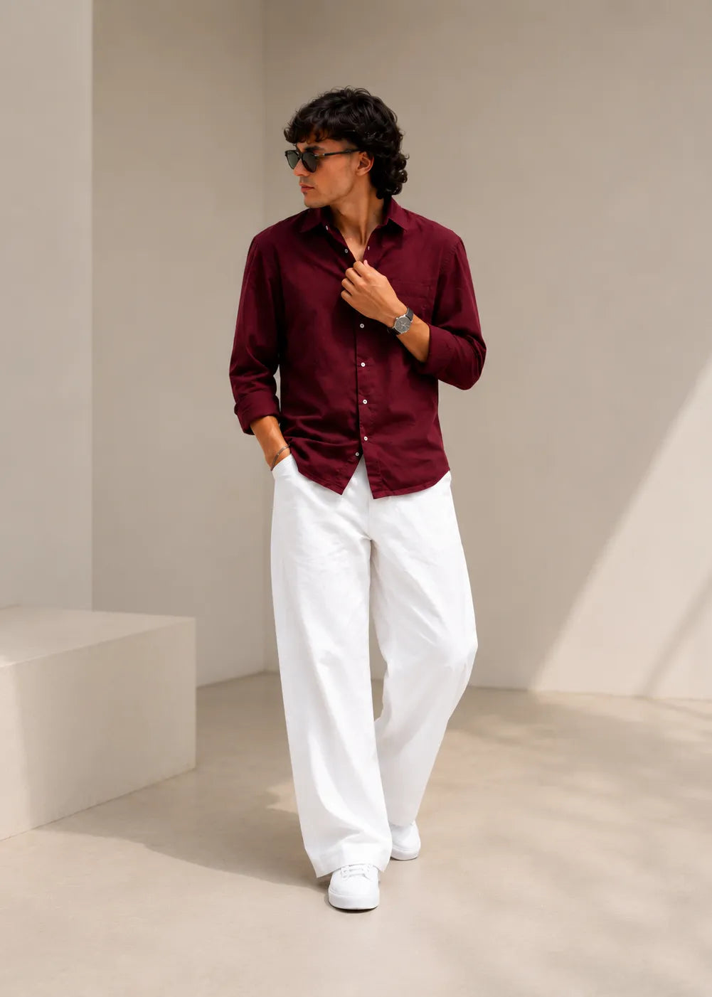 Old Money Classic Combo (Maroon Shirt & White Pant Set)