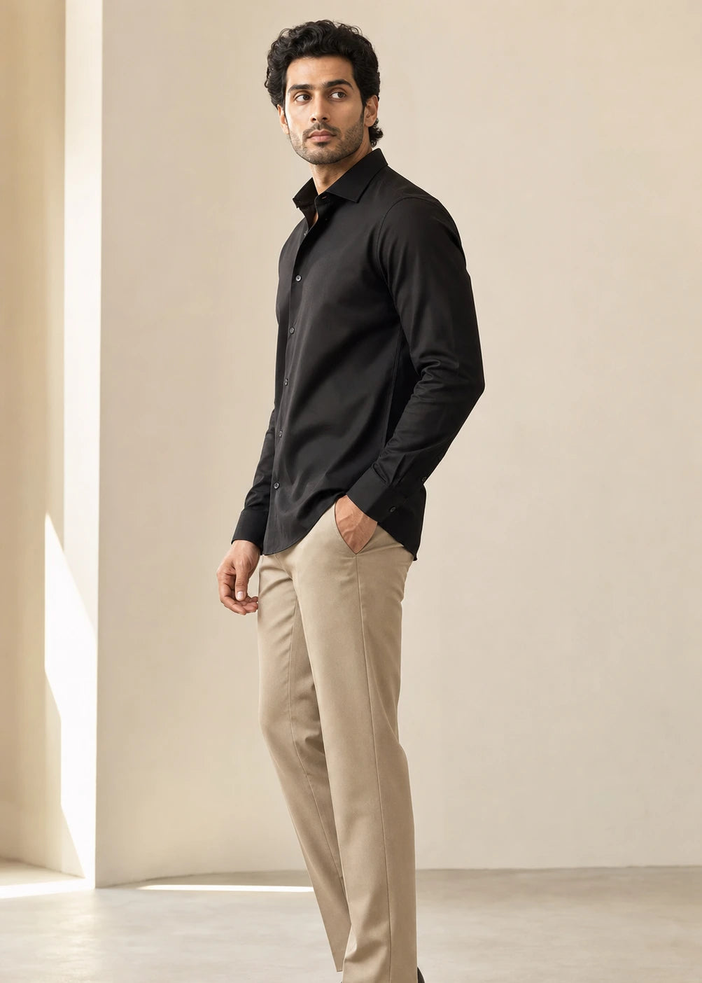 Black Shirt & Beige Pant Set