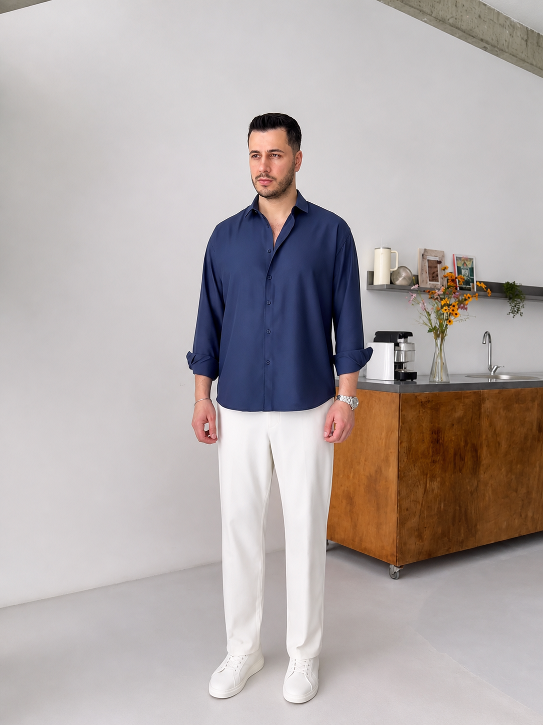 Navy Blue  Shirt & White Pant Set
