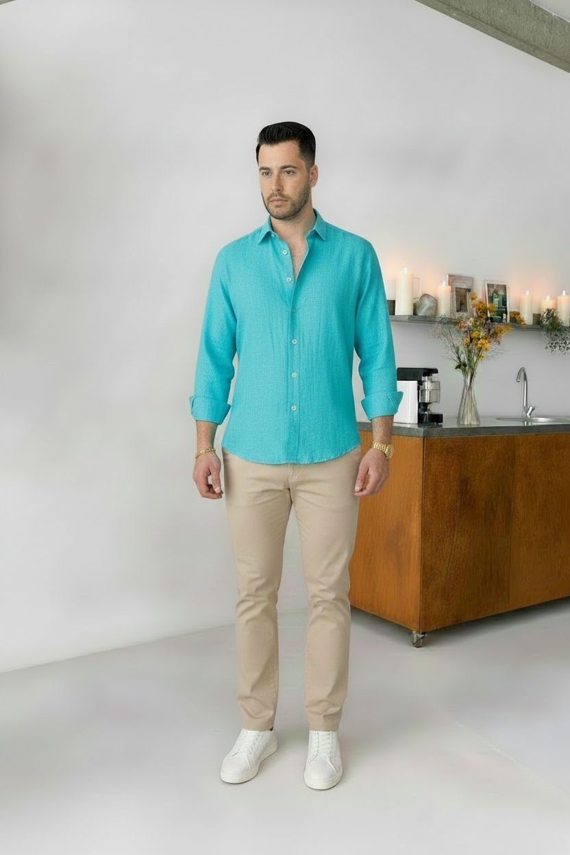 Ocean Blue Shirt & Beige Pant Set