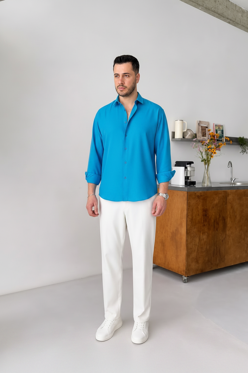 Ocean Blue Shirt & white Pant Set