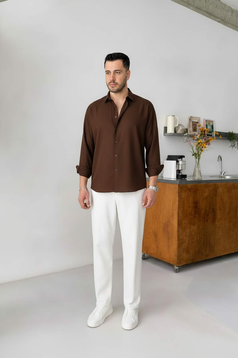 Brown Shirt & White Pant Set