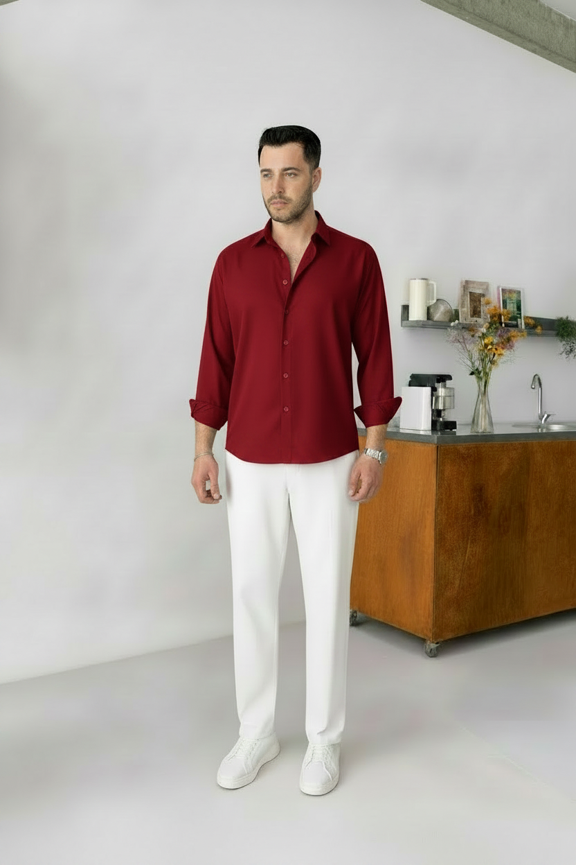 Maroon Shirt & White Pant Set