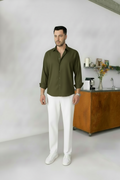Olive Shirt & White Pant Set