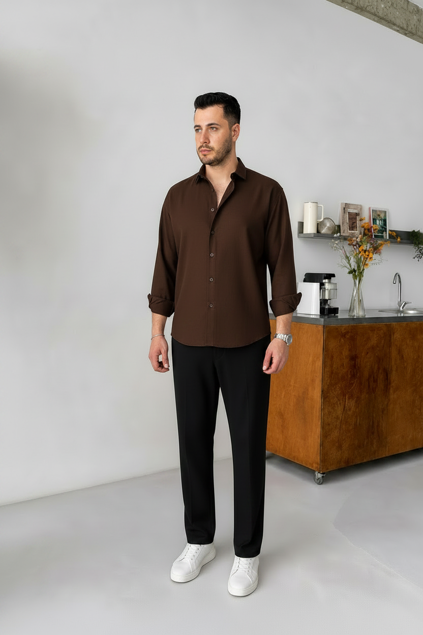 Brown Shirt & Black Pant Set