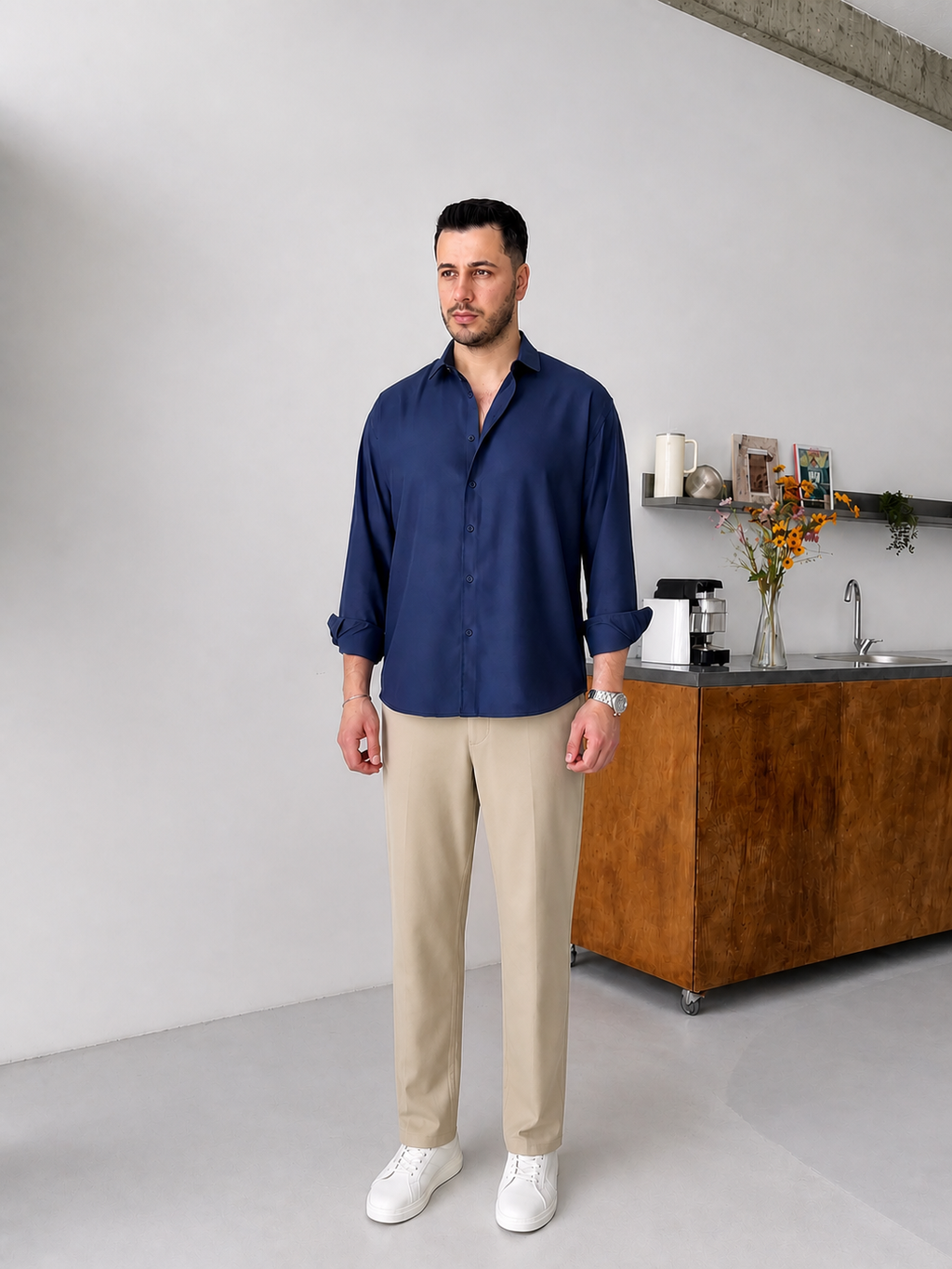 Navy Blue Shirt & Beige Pant Set