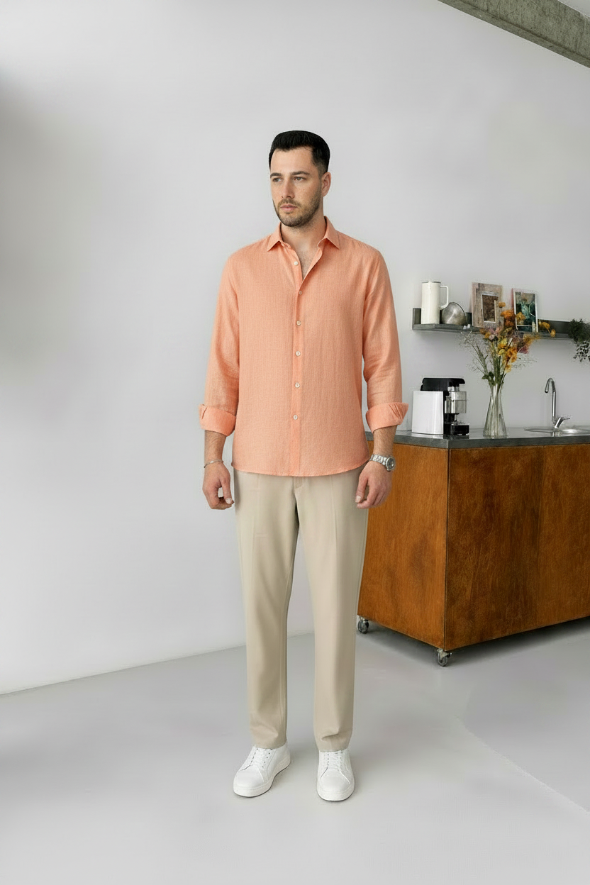 Peach Shirt & Beige Pant Set