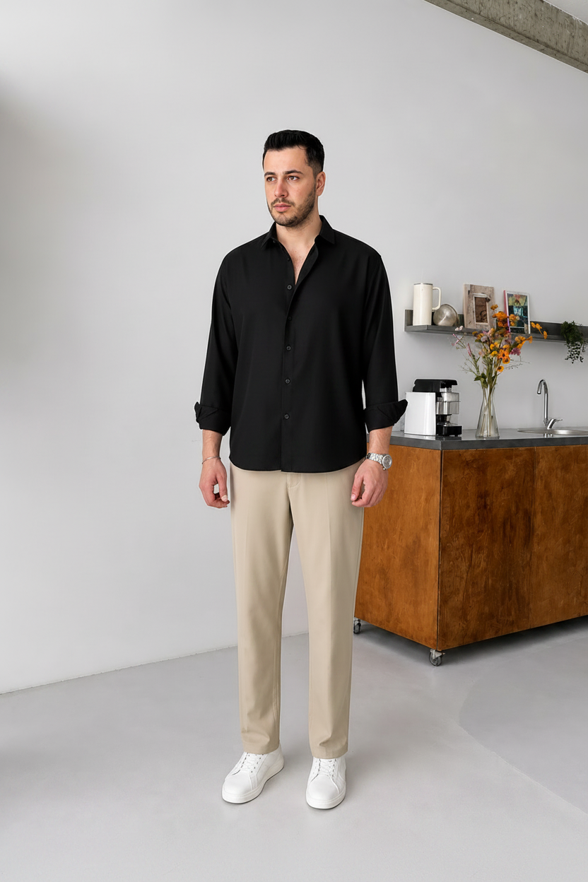Black Shirt & Beige Pant Set